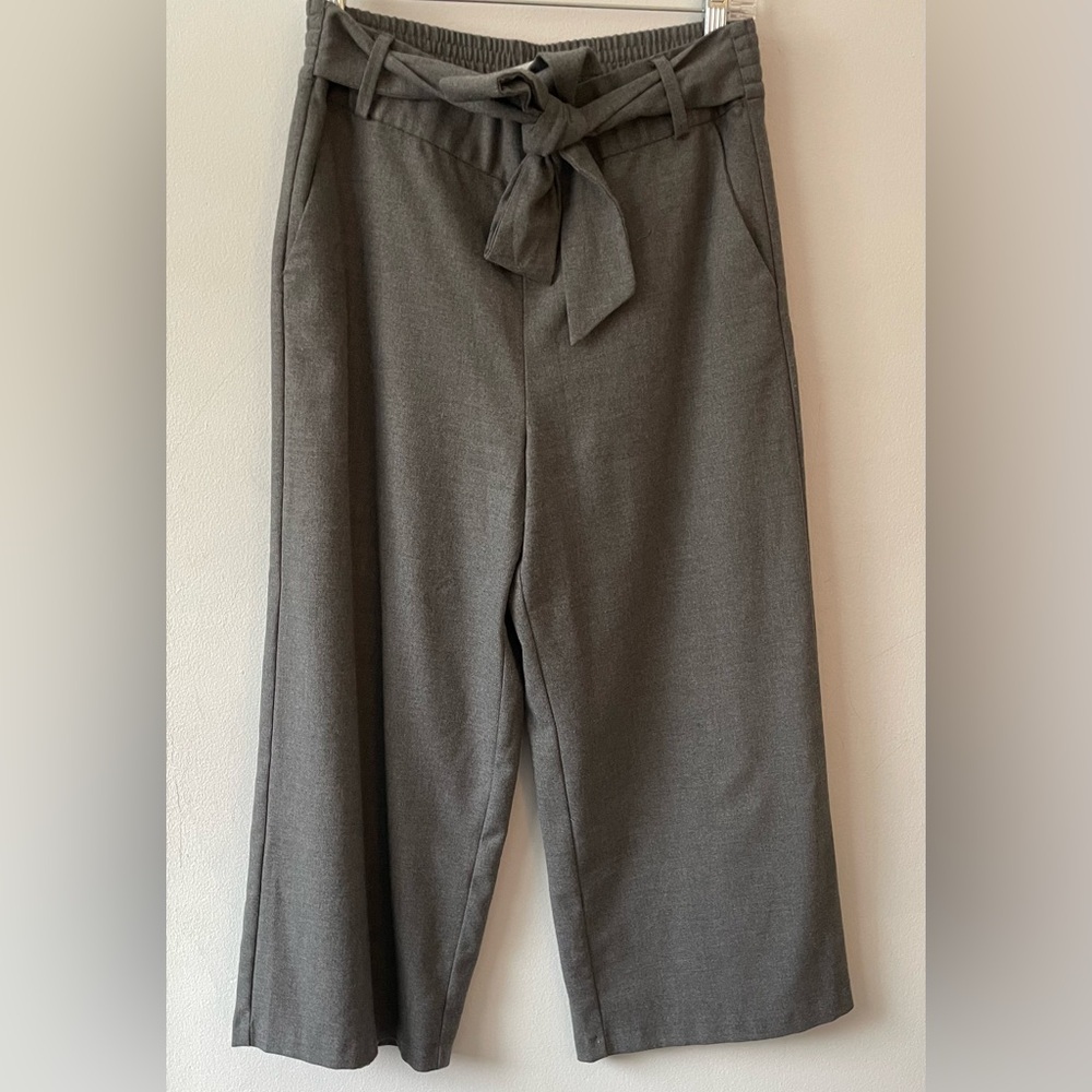 Zara Trafaluc Charcoal Cropped Pants with Tie and Elastic Waist